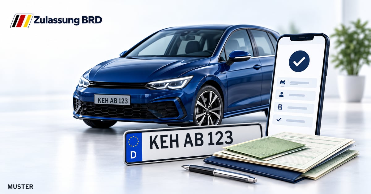 Online Fahrzeugzulassung in Neustadt a.d.Donau: Musterkennzeichen KEH AB 123, Auto und Fahrzeugpapiere und Smartphone. Illustration mit Logo von Zulassung BRD.